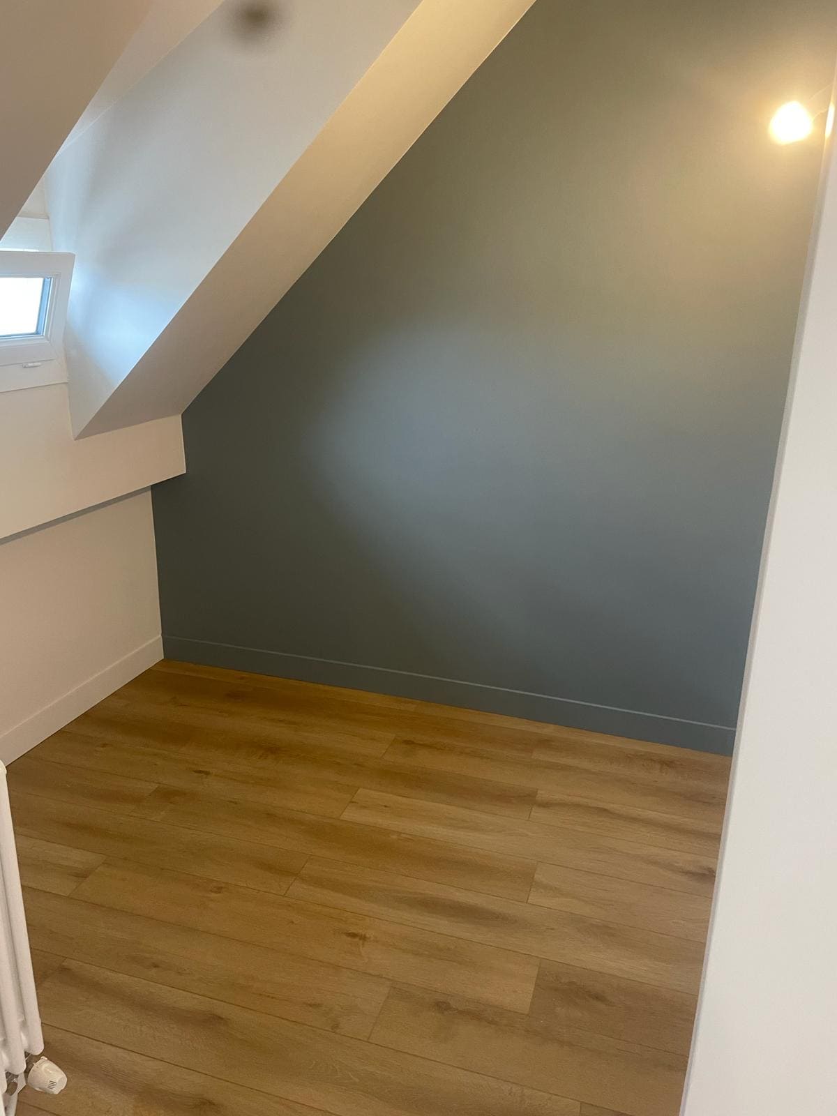 Une pièce avec un parquet et une peinture grise et blanche